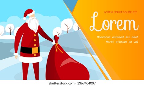 Funny Santa Claus in Red Hat and Coat Standing with Huge Bag of Gifts and Presents. Christmas or New Year Poster, Flyer, Ad Template, Promo Card. Cartoon Flat Vector Illustration. Horizontal Banner