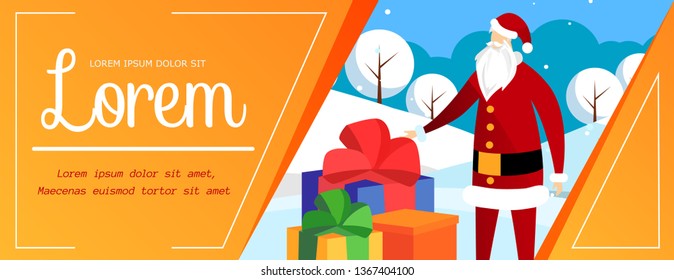 Funny Santa Claus in Red Hat and Coat Standing at Huge Pile of Gifts and Presents. Christmas or New Year Poster, Flyer, Template for Ad, Promo Card. Cartoon Flat Vector Illustration. Horizontal Banner