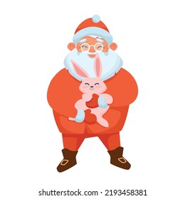 Funny Santa Claus in Red Stands holding rabbit - symbol of 2023 New Year. Happy Christmas vector illustration isolated on white background great for winter greeting cards, banners and posters. 