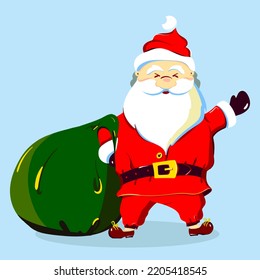 Funny Santa Claus in a red suit and hat with a big green bag of gifts on a blue background. Christmas character for typography design