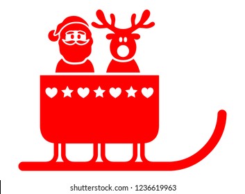 Funny santa claus and reindeer in the christmas sleigh / red, vector, icon