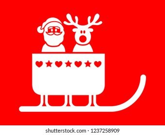 Funny santa claus and reindeer in the christmas sleigh / red, vector, icon