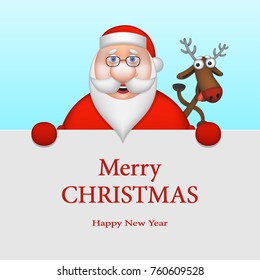 Funny Santa claus and reindeer. Christmas card. Vector illustration.
