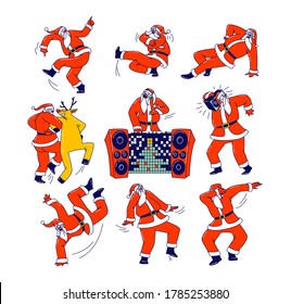 Funny Santa Claus and Reindeer Dancing. Christmas Characters Making Dab Move, Dance Break and Hip Hop Style, Young Teenage Culture, Holiday Greeting, DJ Club Party. Linear People Vector Illustration