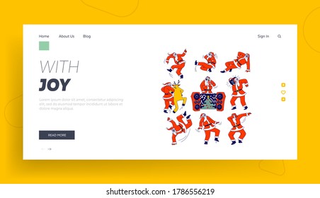 Funny Santa Claus and Reindeer Dancing Landing Page Template. Christmas Characters Making Dab Move, Dance Break and Hip Hop Style, Holiday Greeting, DJ Club Party. Linear People Vector Illustration