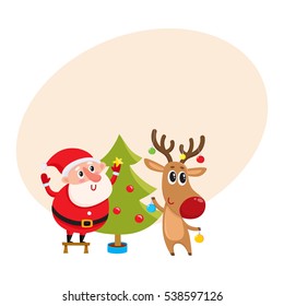 Funny Santa Claus and reindeer decorating Christmas tree with balls and stars, cartoon vector illustration with background for text.