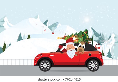 Funny Santa Claus and reindeer is driving a red car with tree and gifts on the top on against blue sky winter landscape, Merry Christmas Winter vector illustration.