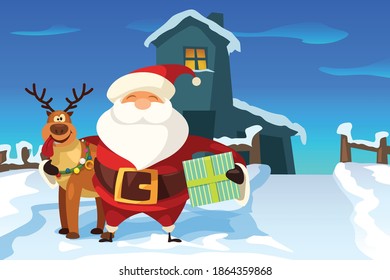 funny santa claus and reindeer near house