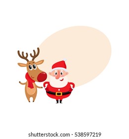 Funny Santa Claus and reindeer in red scarf standing together, cartoon vector illustration with background for text. Christmas attributes, holiday decoration elements