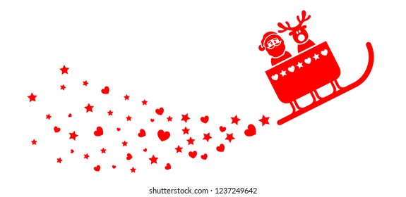 Funny santa claus and reindeer riding the christmas sleigh / red, vector, icon