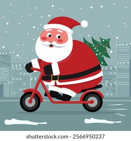 Funny Santa Claus rides a moped through a decorated festive city. Vector illustration in flat style. No artificial intelligence was used to create the illustration.
