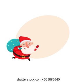 Funny Santa Claus running with bag of Christmas gifts, cartoon vector illustration with background for text. Santa Claus with Christmas gift bag on his shoulder, holiday season decoration element