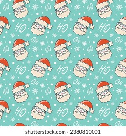Funny Santa Claus. Seamless pattern. Cute Christmas characters in retro cartoon style. For wallpaper, fabric, wrapping, background.