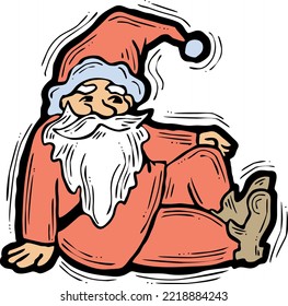 Funny Santa Claus sitting, hand drawn cartoon character, comic personage vector illustration. Decorative element for poster print, Christmas invitation, postcard design. Traditional winter holiday.