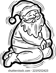 Funny Santa Claus sitting, hand drawn cartoon character, comic personage vector illustration. Decorative element for poster print, Christmas invitation, postcard design. Traditional winter holiday.