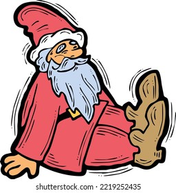 Funny Santa Claus sitting, hand drawn cartoon character, comic personage vector illustration. Decorative element for poster print, Christmas invitation, postcard design. Traditional winter holiday.