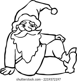 Funny Santa Claus sitting, hand drawn cartoon character, comic personage vector illustration. Decorative element for poster print, Christmas invitation, postcard design. Traditional winter holiday.