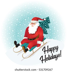 Funny Santa Claus sledding with mountains. Christmas greeting card background poster. Vector illustration. Happy holidays!