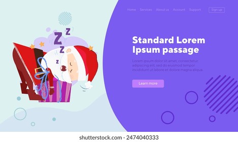 Funny Santa Claus sleeping on present box. Christmas Eve night concept. Vector illustration can be used for banner design, festive poster, landing page