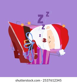 Funny Santa Claus sleeping on present box. Christmas eve night concept. Vector illustration can be used for banner design, festive posters, greeting cards, flyers