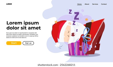 Funny Santa Claus sleeping on present box. Christmas eve night concept. Vector illustration can be used for banner design, landing page template