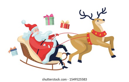 Funny Santa Claus in sleigh and running deer. Christmas character with gift riding in the snow. Winter holiday celebration. Vector illustration in cartoon style