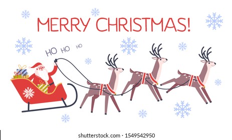 Funny Santa Claus in sleigh and running deer. Christmas character with gift riding in the snow. Winter holiday celebration. Christmas card background. Vector illustration in cartoon style