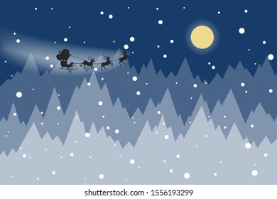 Funny Santa Claus in sleigh and running deer. Christmas character with gift riding in the snow. Winter holiday celebration. Christmas card background. Vector illustration in cartoon style