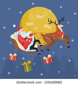 Funny Santa Claus in sleigh and running deer. Christmas character with gift riding in the snow. Winter holiday celebration. Christmas card background. Vector illustration in cartoon style