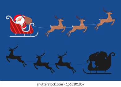 Funny Santa Claus in sleigh and running deer. Christmas character with gift riding in the snow. Winter holiday celebration. Christmas card background. Vector illustration in cartoon style