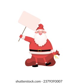 Funny Santa Claus with speech bubble and bag on white background