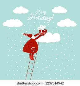 Funny Santa Claus up the stairs with present. Cute Christmas and New Year vector illustration card