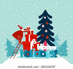 Funny Santa Claus up the stairs with presents. Cute Christmas and New Year vector illustration with gifts and Christmas tree decorating with holiday toys. Funny winter holiday background and card