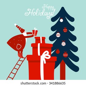 Funny Santa Claus up the stairs with presents. Cute Christmas and New Year vector illustration with gifts and Christmas tree decorating with holiday toys. Funny winter holiday background and card