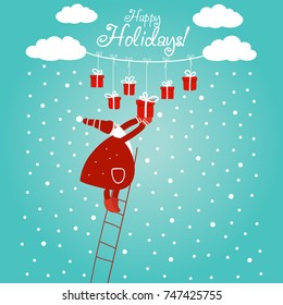 Funny Santa Claus up the stairs with presents. Cute Christmas and New Year vector illustration card. Funny winter holiday background