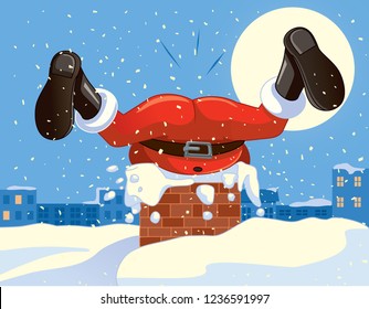 Funny Santa Claus Stuck in the Chimney. Cartoon. Santa on the roof Christmas vector card 