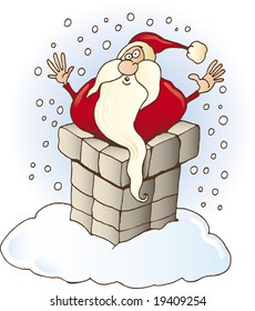 Funny Santa Claus stuck in chimney on the roof