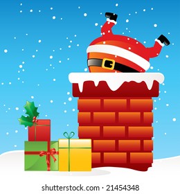 funny Santa Claus stuck in the chimney on the roof, cartoon vector illustration