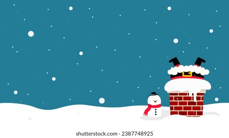 Funny Santa Claus stuck in the chimney with copy space vector illustration. Christmas background flat design