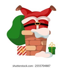 Funny Santa Claus stuck in home chimney flat color vector character. Saint Nicholas with large tummy and scattered gifts illustration on white