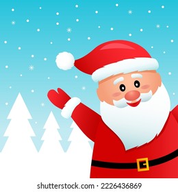 Funny Santa Claus in a suit and hat against the backdrop of a winter forest. greeting card happy new year. concept Xmas. vector illustration