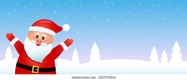 Funny Santa Claus in a suit and hat against the backdrop of a winter forest. greeting card happy new year. concept Xmas. vector illustration