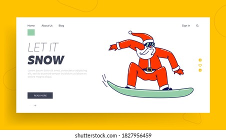Funny Santa Claus in Traditional Red Costume Perform Stunts on Snowboard Landing Page Template. Christmas Character Sports Activity, Hobby and Xmas Festive Spare Time. Linear Vector Illustration