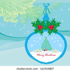 funny Santa Claus in transparent ball hanging on blue background