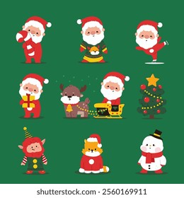 Funny Santa Claus vector cartoon characters set.