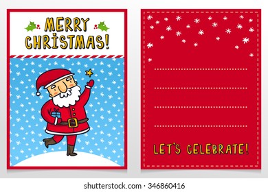 Funny Santa Claus vector Christmas greeting card design template with cute Father Frost cartoon character catching star on snowy background and holiday wishes