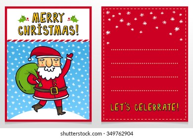 Funny Santa Claus vector Christmas greeting card design template with cute Father Frost cartoon character carrying green sack with presents and waving on snowy background and holiday wishes