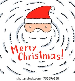 Funny Santa Claus in vector. Santa with a huge white beard. Calligraphy design and Christmas lettering. Unique Xmas handdrawn illustration for greeting card, letter, t-shirts, banners, flyers, etc.