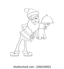 El gracioso camarero de Santa Claus sostiene una bandeja de comida. Ilustración vectorial en blanco y negro. Libro de colorear. Celebración de Navidad y Año Nuevo. 