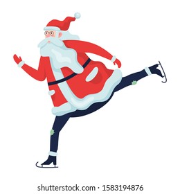 Funny Santa Claus wearing traditional red coat on skates. Man with beard skating. Traditional winter activity. Christmas and New Year. Cute holiday season cartoon illustration